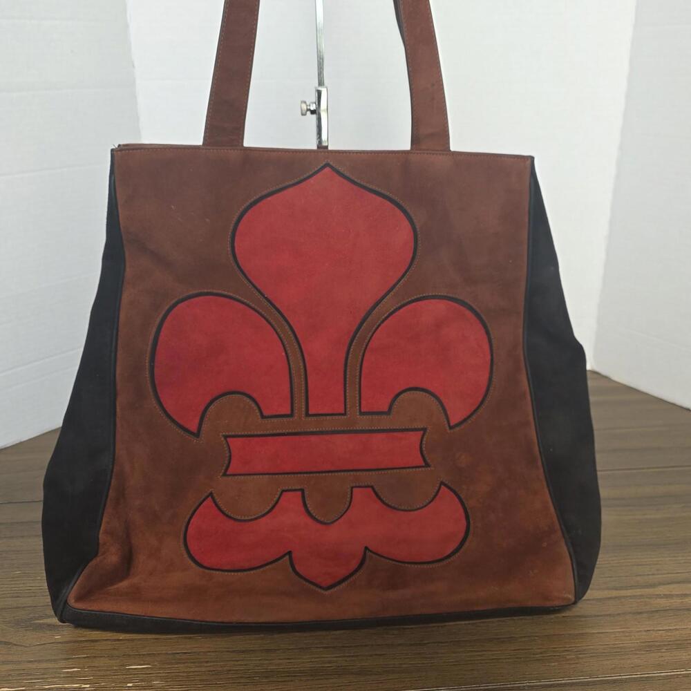 Escada Made In Italy Suede Tote Vintage Brown/Black/Red - Picture 2 of 8